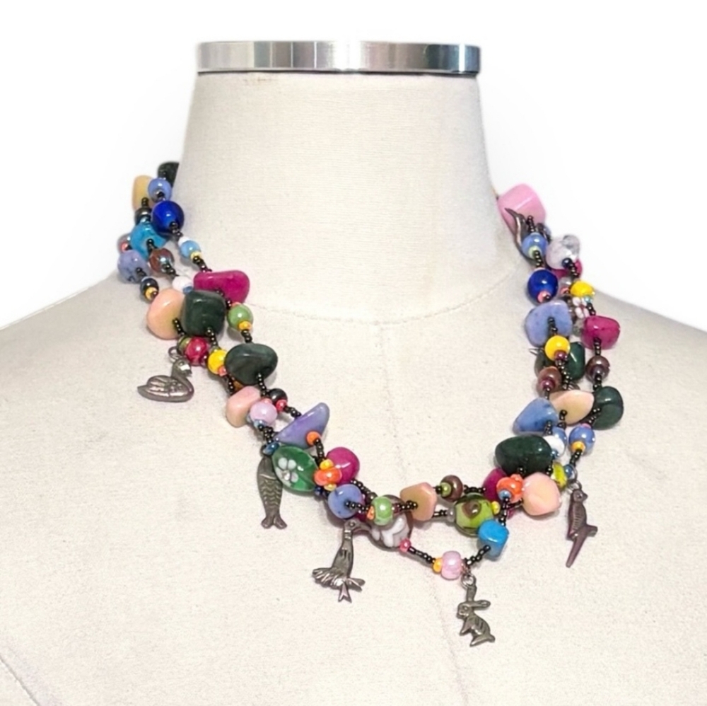 Multi-Strand Beaded Necklace - Charms, Semi-Precious Stones, Glass & Czech Beads